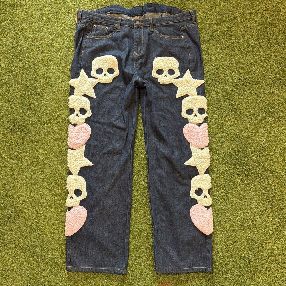 Y2K Made Extreme Black Air Blue Jeans Straight Leg Skull Motif Women Size 40